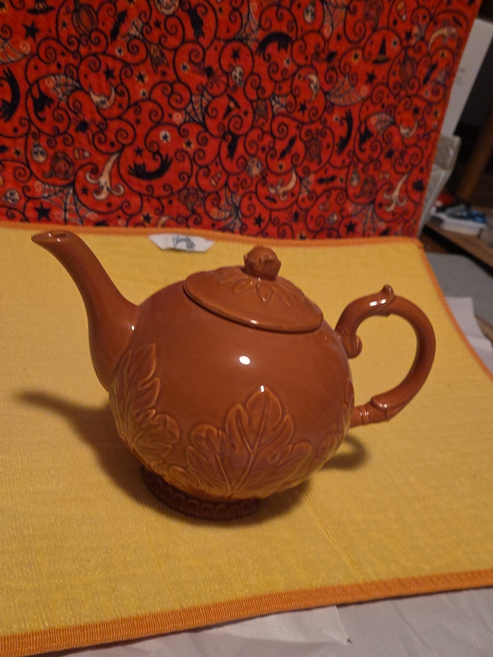 Rust Orange Ceramic Teapot with Leaf Relief - Unbranded